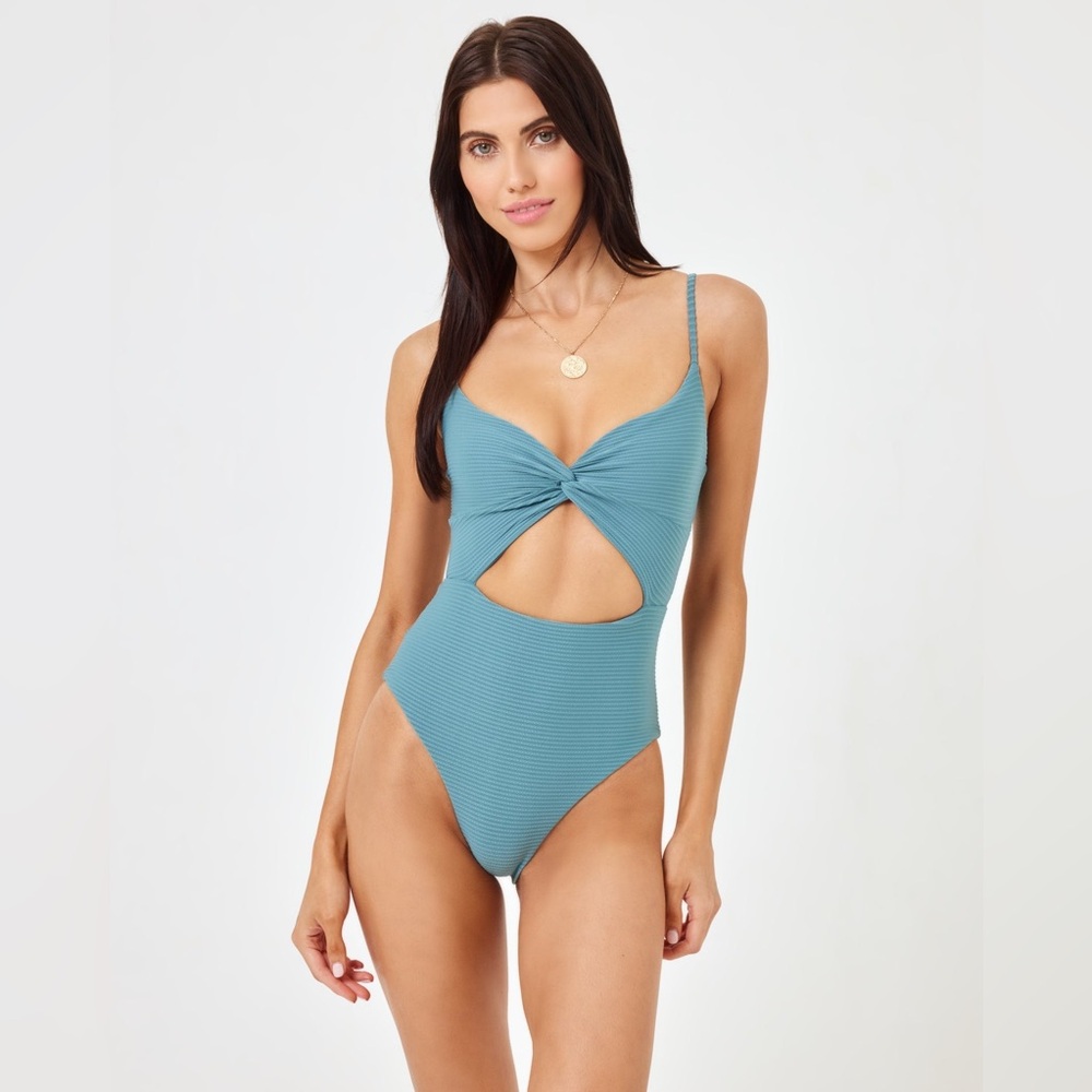 l*space Teal Blue Twist Front Cutout One-Piece Swimsuit